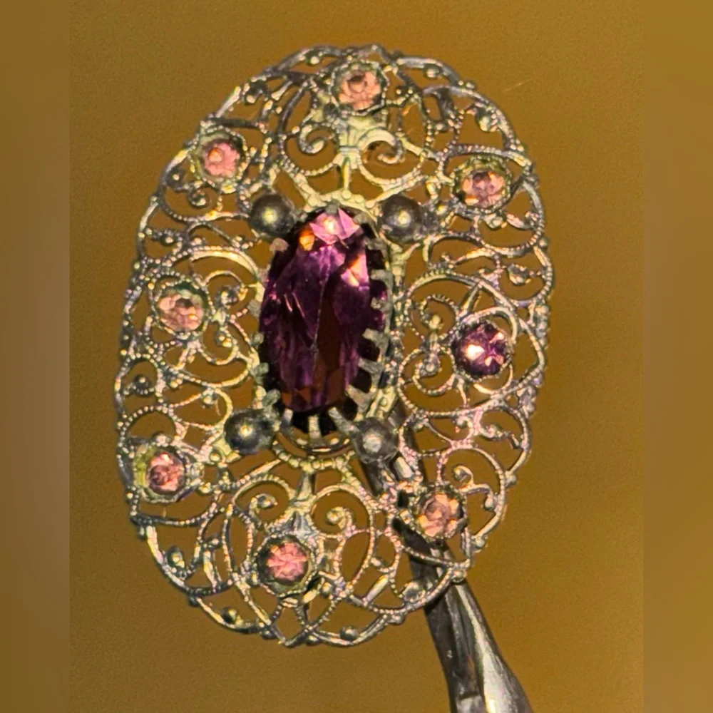 Vintage Victorian Silver Glass Amethyst Antique Brooch - Picture 10 of 16